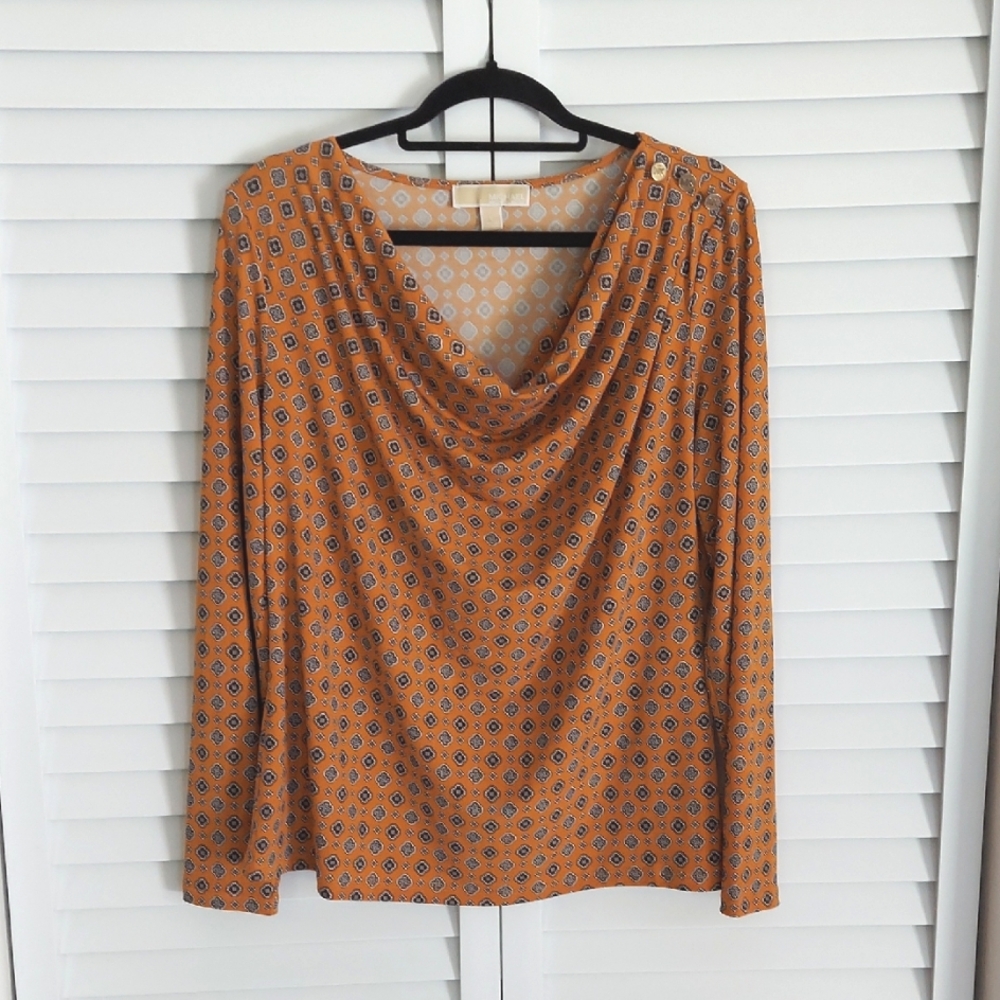 Michael Kors Top, Sz L, Cowel Neck Blouse, Long Sleeves, Gold, Medallion Print‎